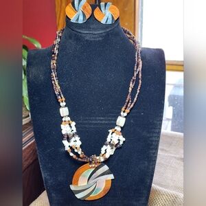 Lee SandsVintage  Lotus Flower & Mother of Pearl Necklace Earrings Set